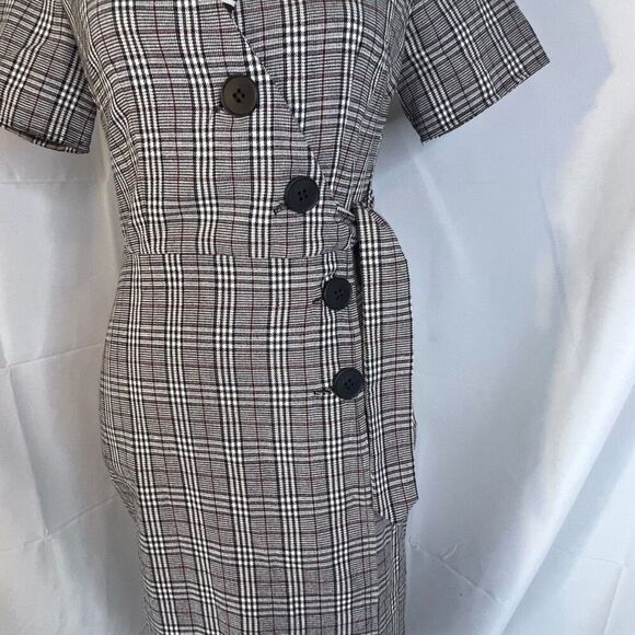Nic & Jo Black & White Plaid Tie Side Wrap Bodycon Dress Button Detail Sz Small - Picture 5 of 11